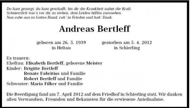 Bertleff Andreas 1939-2012 Todesanzeige